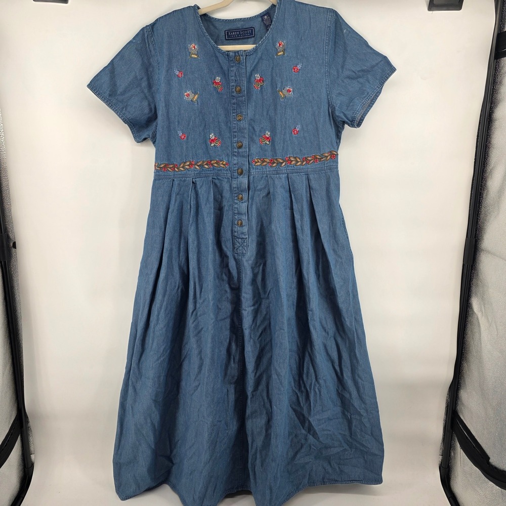 Karen Scott L Denim Dress Floral Embroidered Button Front Short Sleeve midi maxi - Picture 2 of 11